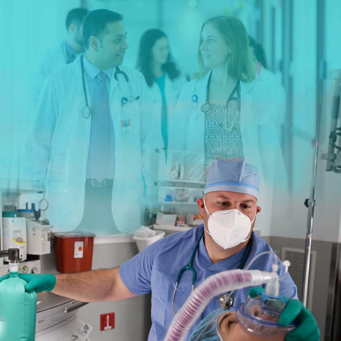 Split-screen image with the left showing a group of physicians walking through a hallway. The right side shows an SGU alumni administering anesthesia.