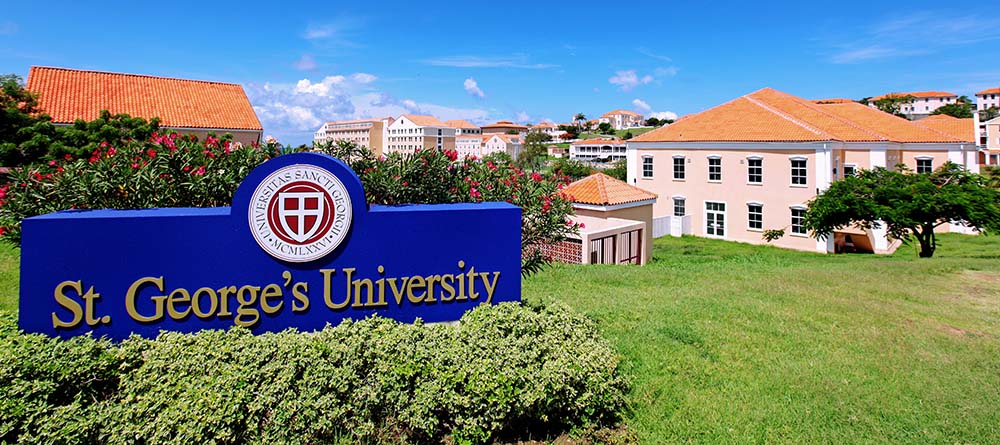 Campus shot showing St. George’s University sign.