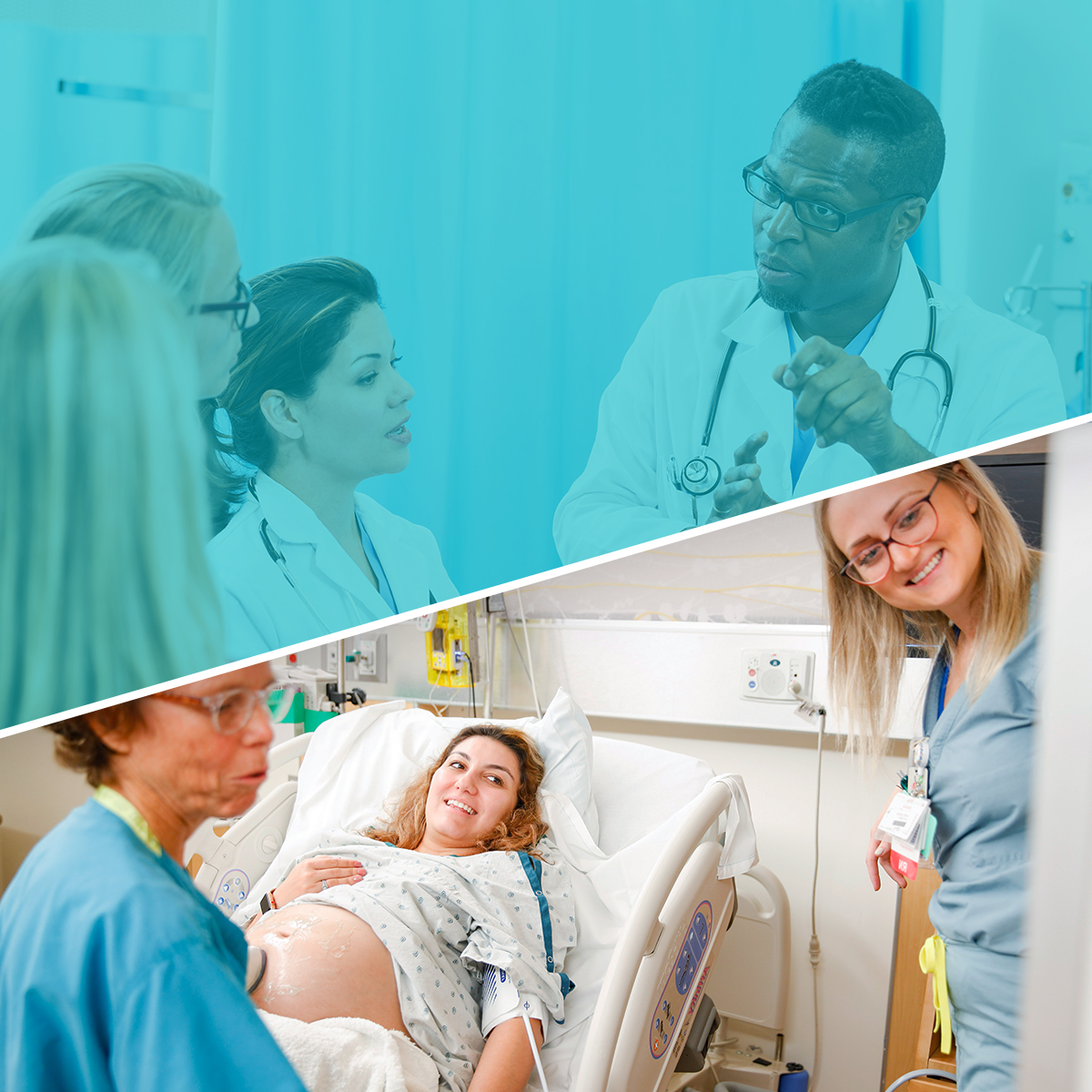 Split banner image showing two scenes of pre-med students shadowing a doctor.