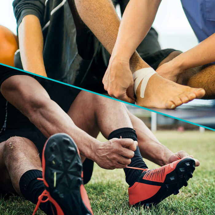 Split-screen image showing an athlete lacing up cleats on the left and a sports medicine physician taping an athlete’s ankle after a sports injury.