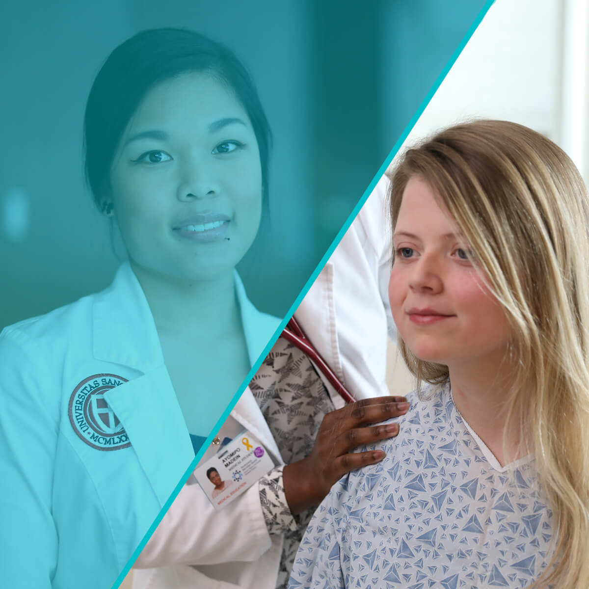 Split-screen image that shows an SGU physician posing for a photo on the left and a clinical student examining a patient on the right.