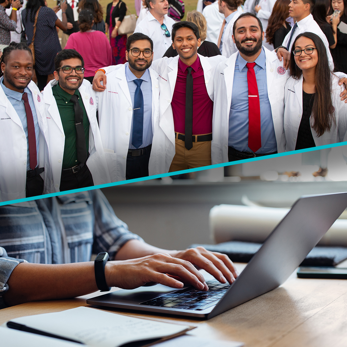 Split image with a smiling group of medical students on the left and a close-up of hands typing on a laptop on the right