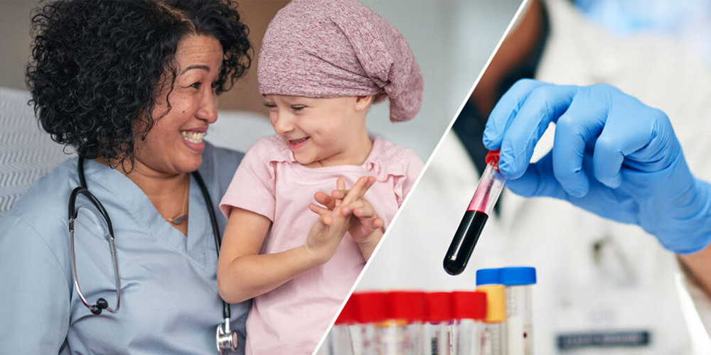 Hemotology oncologist laughing with young cancer patient|Close up of a hematology oncologist examining a blood sample|Physician facilitating treatment for cancer patient in an exam room|Hematologist oncologist speaks with cancer patient in exam room