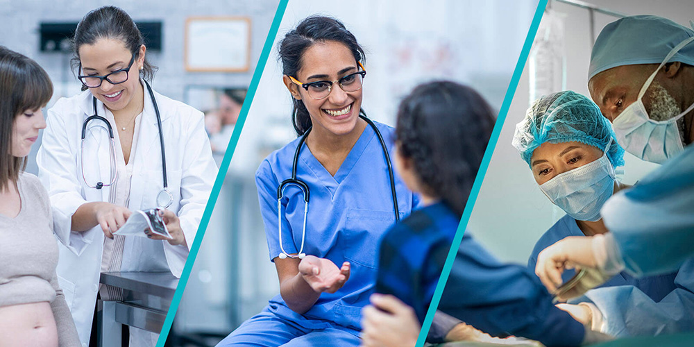 Three scenes from different types of residencies|A doctor examines an infant child during a checkup|An anesthesiologist monitors a patient during surgery|A doctor examines and discusses MRI imaging with a colleague
