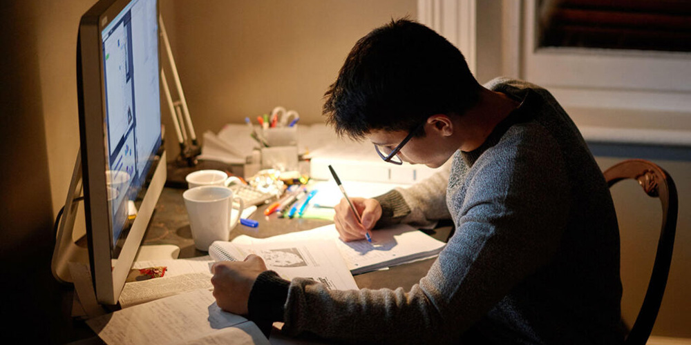 Medical student studying at night