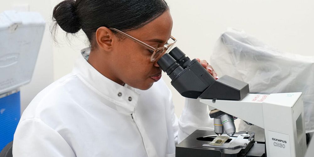 Pathologist examining samples through microscope|A pathologist reviews cells on a monitor|A pathologist marks a test tube in a laboratory setting