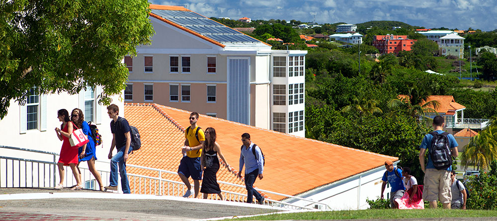 SGU students walking on campus in Grenada