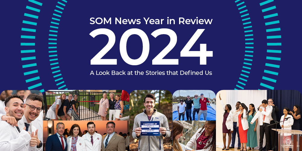 Collage with the top SOM stories of 2024||4 SGU students stand on a roof that they are helping repair.|Students coated at ceremony|match day 2024| News