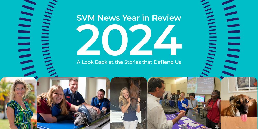 Collage of photos from the top svm stories of 2024|Veterinary students standing over a dog on an examination table||photo of Dr. Christianne Shaw in front of campus|Collage of photos from the top svm stories of 2024|Collage of photos from the top svm stories of 2024